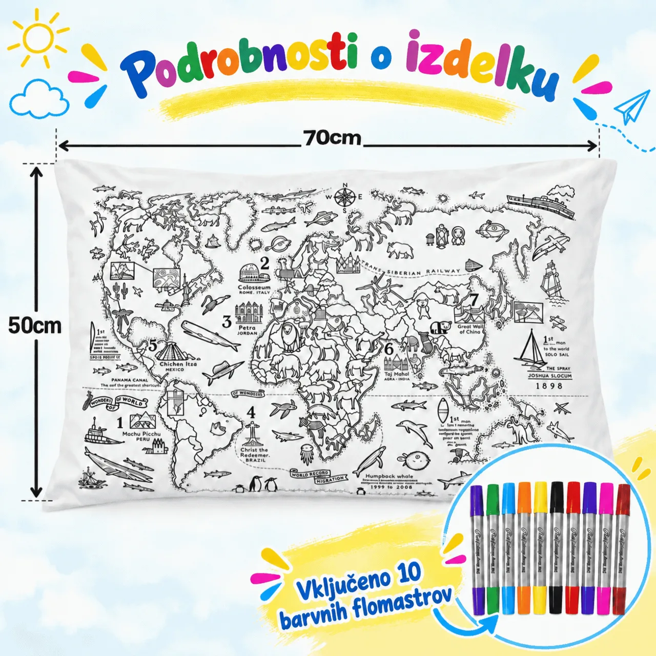 Színezd ki a párnádat – Világtérkép, ColoringPillow - Image 3