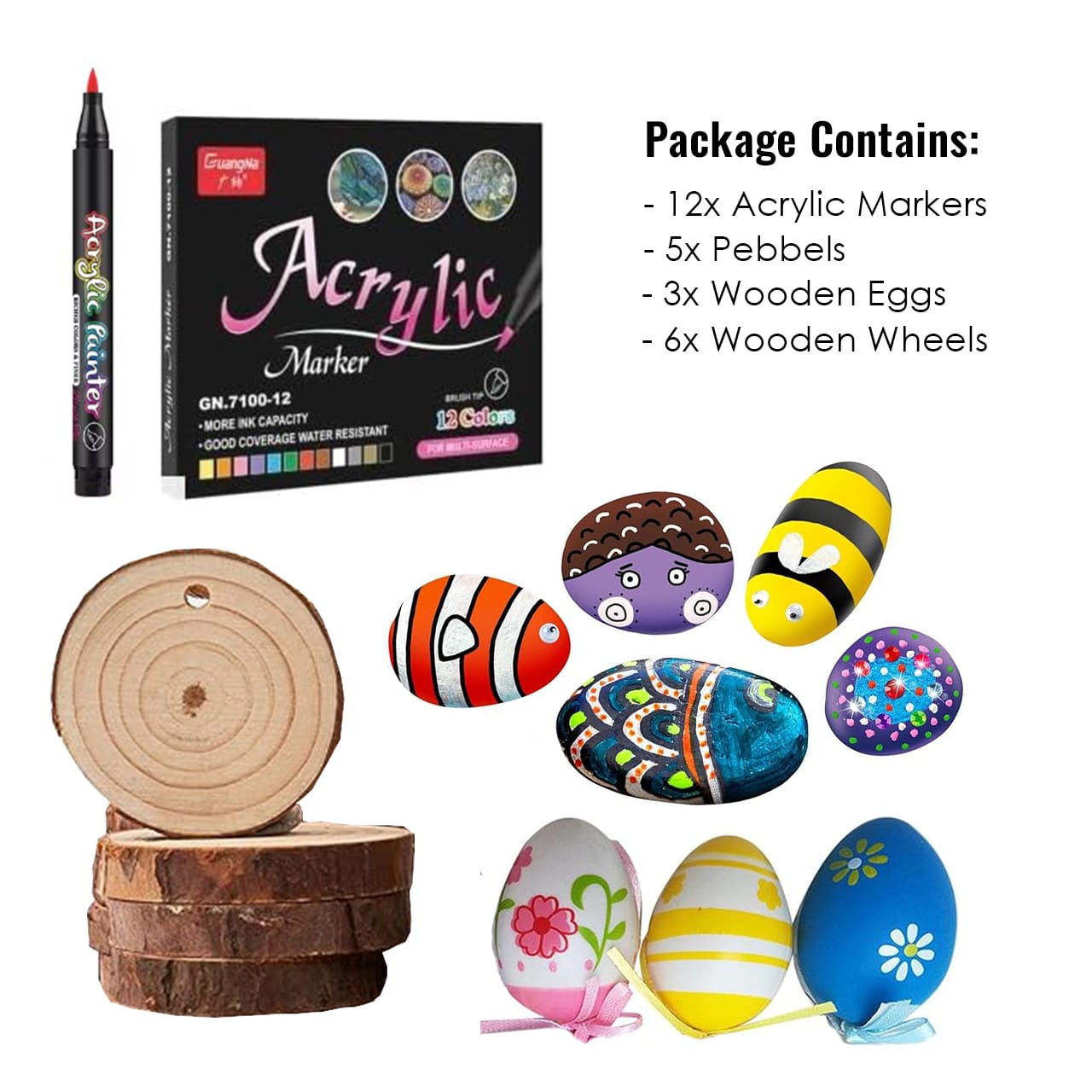 DiyAcrylic, kreatív készlet akril filctollakkal, kavicsokkal és fával - Image 6