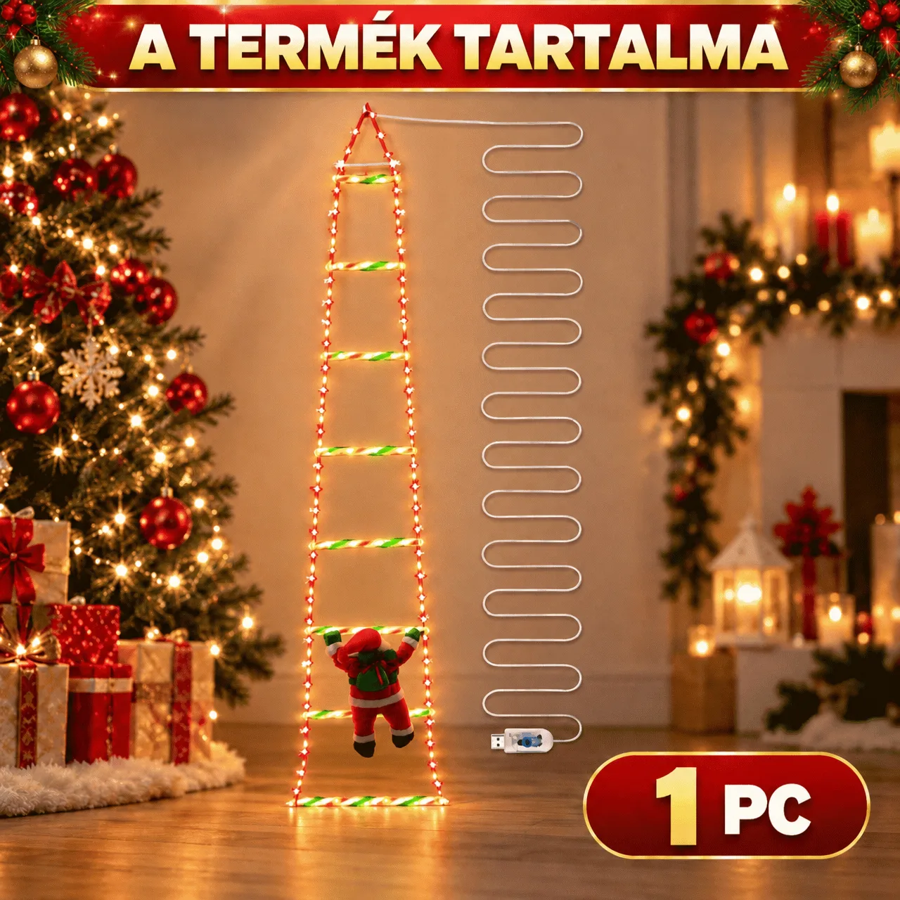 LED-es karácsonyi létra Mikulással, létra - Image 2