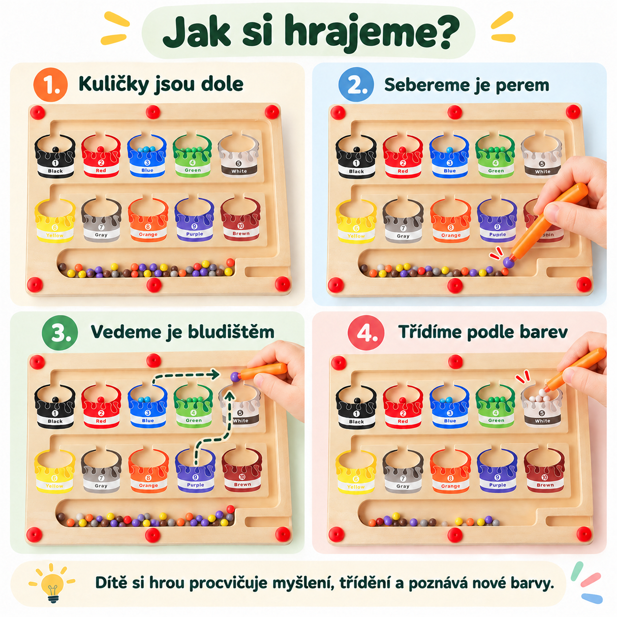 A gyermek egy játékot használ a gondolkodás és a válogatás elsajátítására, valamint új színek megtanulására!